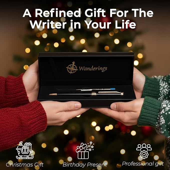 WANDERINGS Premium Rollerball Pen with German Ink – Perfectly Balanced for a Superb Writing Experience, 24K Gold Plated Black – Piano Black - Includes a Schmidt Refill in a Giftable Presentation Case