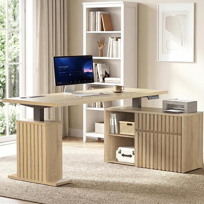 67" L Shaped Standing Desk with Drawers, Electric Height Adjustable Corner Desk, Sit Stand Office Desk with 4 AC Outlets & Type C Port, Executive Computer Desk with Cabinet, Natural
