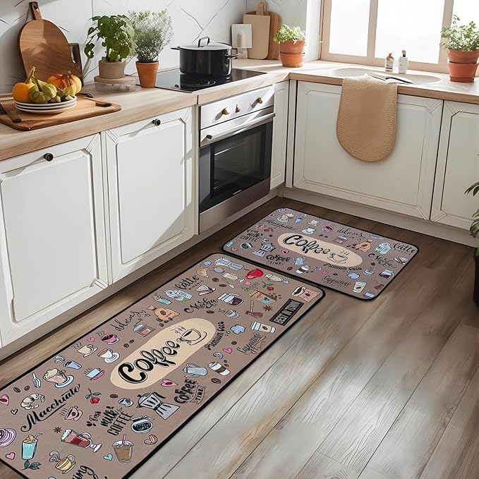 Voanos Coffee Kitchen Rugs,Non Skid Washable Microfiber mats for Kitchen Floor,Coffee Theme Kitchen Cushioned Runner Rug Decor Sets of 2 Pieces,17"x 47"+17"x 30"