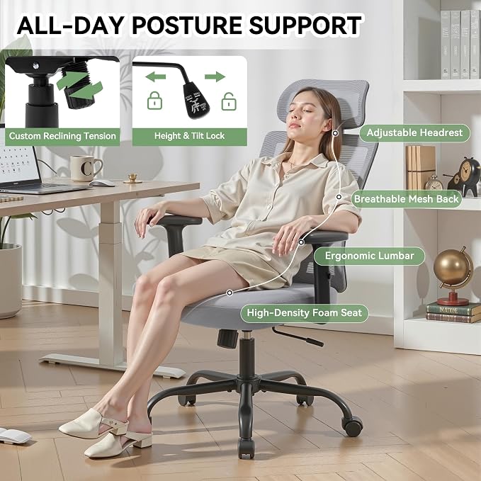 Office Chair with Mesh High Back, Ergonomic Office Desk Chair with Adjustable Lumbar Support, Rolling Work Chairs with Wheels and Headrest, Grey