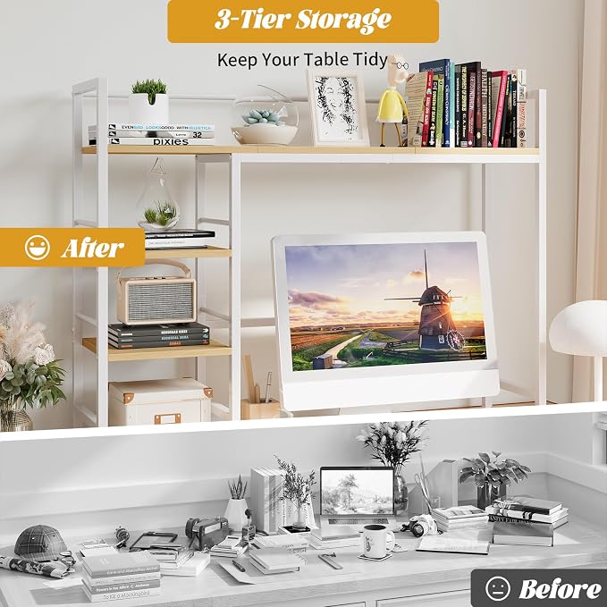 HavenlyYouth Desk Shelf, 38.6 Inch Wood Desk Organizer Shelf for Computer Monitor, Desk Hutch Storage, Desktop Shelf for Top of Desk, 3 Tier Desktop Bookshelf for Home Office Dorm, White