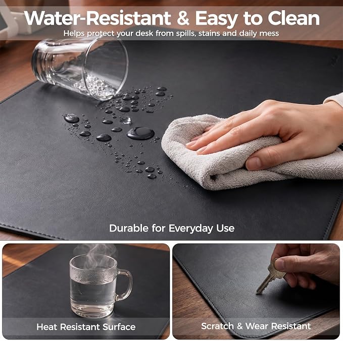 Large Desk Pad Non-Slip Desk Mat Protector for Keyboard Mouse Waterproof Vegan Leather Surface Faux Leather Laptop Mat Smooth Mouse Pad Premium Gift Tube Obsidian Black 23.6" x 13.7"