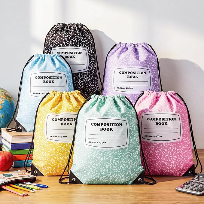 18 Pcs Back to School Composition Book Drawstring Bag Bulk 13"x16" Backpacks Carrying Folder Computer for Writing Teacher (Pastel)