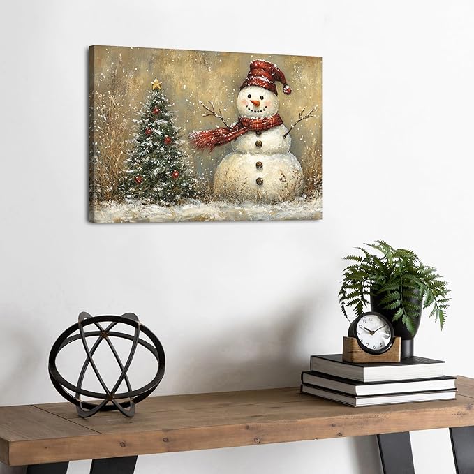 Rustic Christmas Wall Decor Pine Tree Snowman Picture for Living Room Retro Christmas Tree Poster Bedroom Abstract Snowy Winter Scene Canvas Prints Painting Holiday Artwork Xmas Home Decoration 12x16"