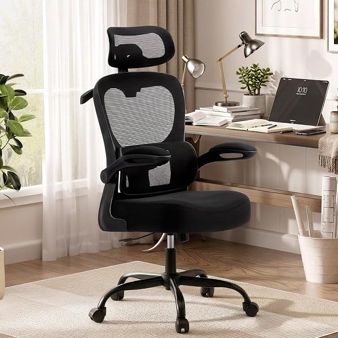 AreShark Office Chair-Ergonomic Desk Chair with Hidden Hanger & Flip-Up Arms, High Back Mesh Computer Chair with 2D Headrest & Adjustable Lumbar, Comfy Rolling Task Chair for Home Work Gaming, Black
