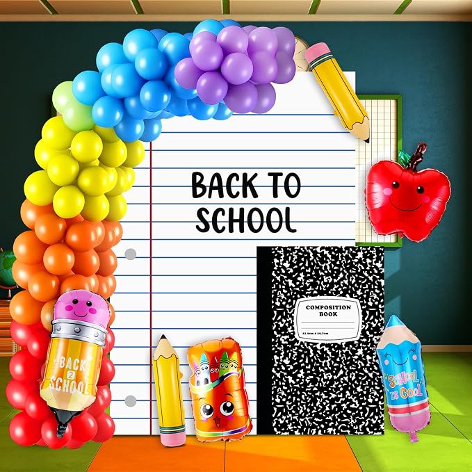 Hahafelt 158 Pcs Back to School Party Decorations Rainbow Balloon Garland Arch Kit with Composition Notebook Backdrop Giant Apple Crayon Pencil Balloon for First Day of School Classroom Party Supplies