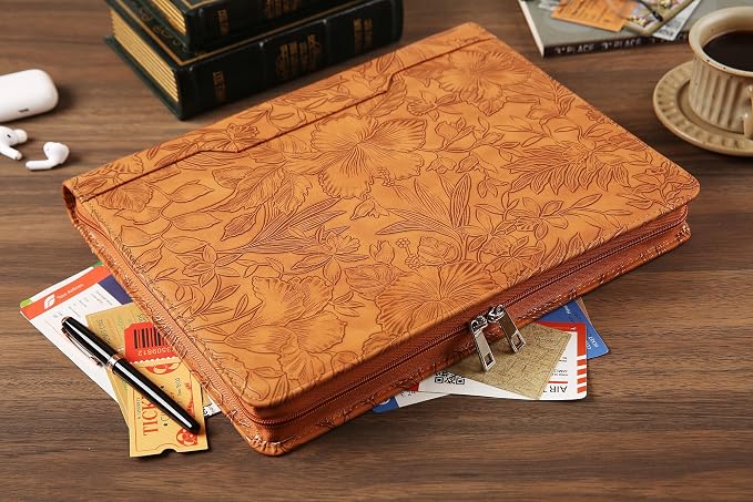 Vegan Leather Padfolio, Brown Binder with Pattern - 3 Ring Portfolio Organizer, Personalized Resume Folder (Pink)