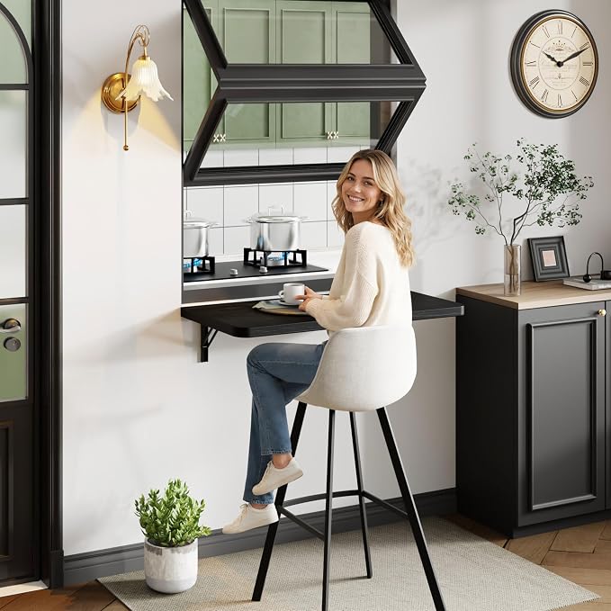 Dogsky Floating Wall Desk, 24" x 14" Wall Mounted Folding Table, Pine Wood Fold Down Wall Table, 100 lb Capacity Wall Mount Desk for Small Apartment, Laundry Room,Kitchen,Bar & Computer Use, Black