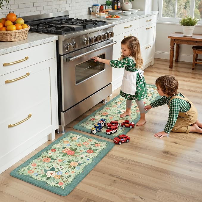 KIMODE Kitchen Mats for Floor Cushioned Anti Fatigue, Green Boho Flower Rug | 20"x47"+20"x32" Rugs for Kitchen Floor,Floral Kitchen Rugs Sets of 2,Comfort Kitchen Floor Mats,Standing Desk Mat for Sink