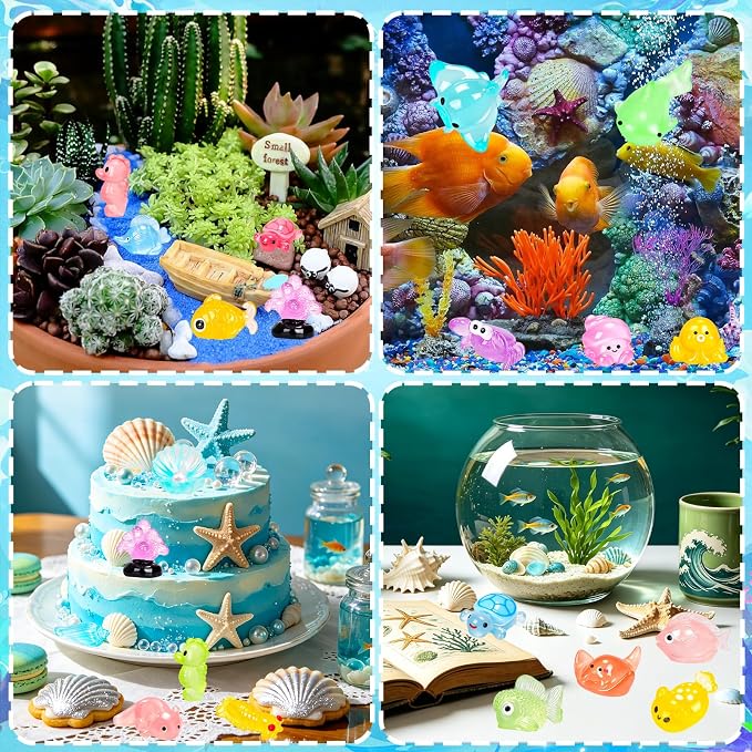 120PCS Luminous Mini Ocean Resin Animals 20 Style Glow in The Dark Tiny Sea Animal Figurines Miniature Plastic Animals Aquarium Decoration for DIY Crafts Fish Tank Potted Fairy Garden Dollhouse