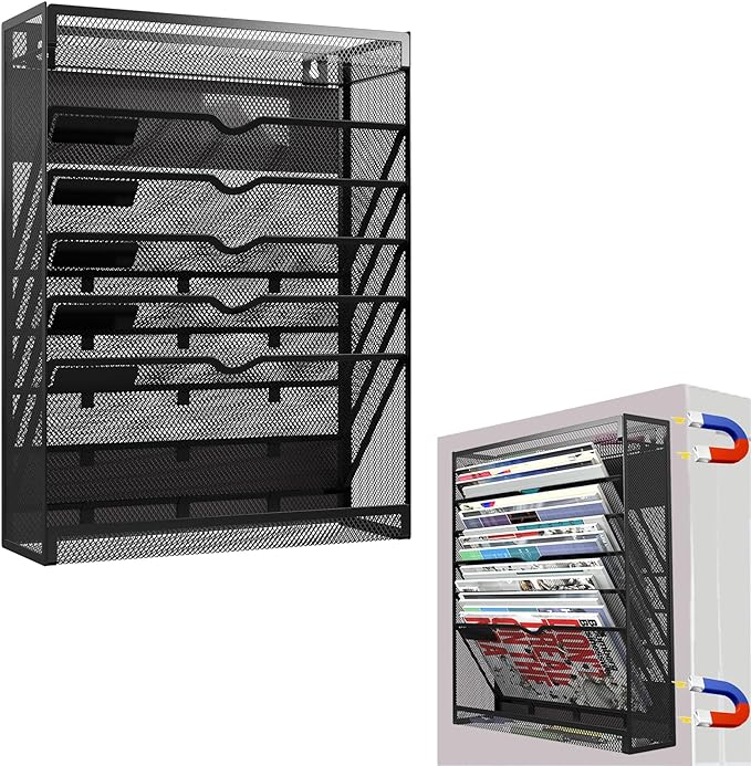 7-Tier Magnetic File Holder, No Drilling Wall File Organizer, Hanging File Organizer, Vertical Holder Rack for File Cabinets, Whiteboard, Refrigerator