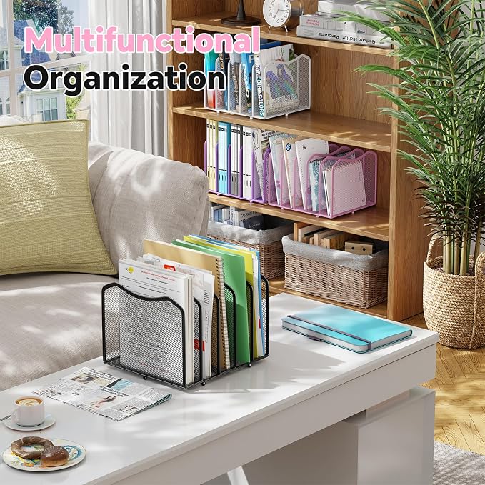 Simple Trending Mesh Desktop File Sorter Organizer, 5-Section Bookshelf for Desk Home Office, Pink