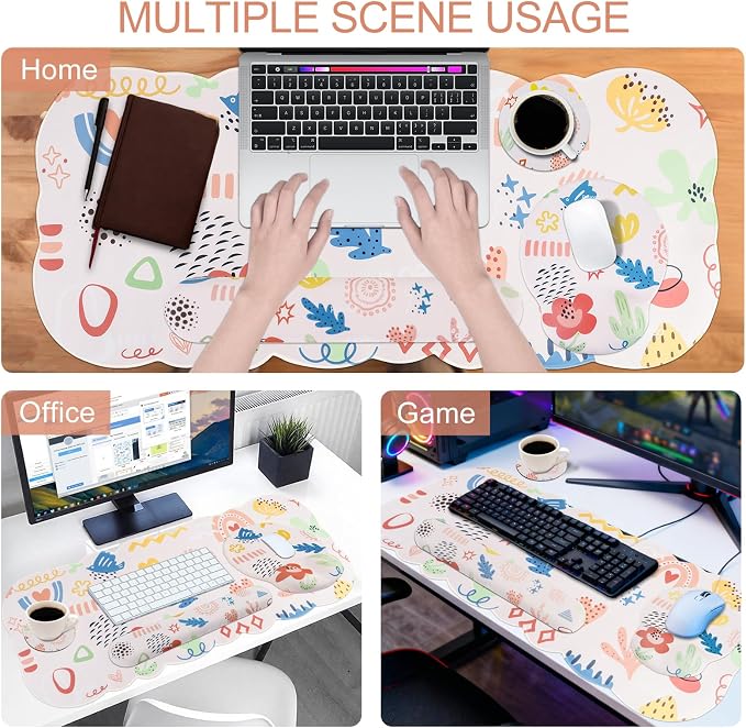 Petmolico Desk Pad Set with Wrist Rest for Keyboard & Mouse, Colorful | Anti-slip PU base, durable Lycra & memory foam, relieves wrist fatigue, perfect for work, home & daily use