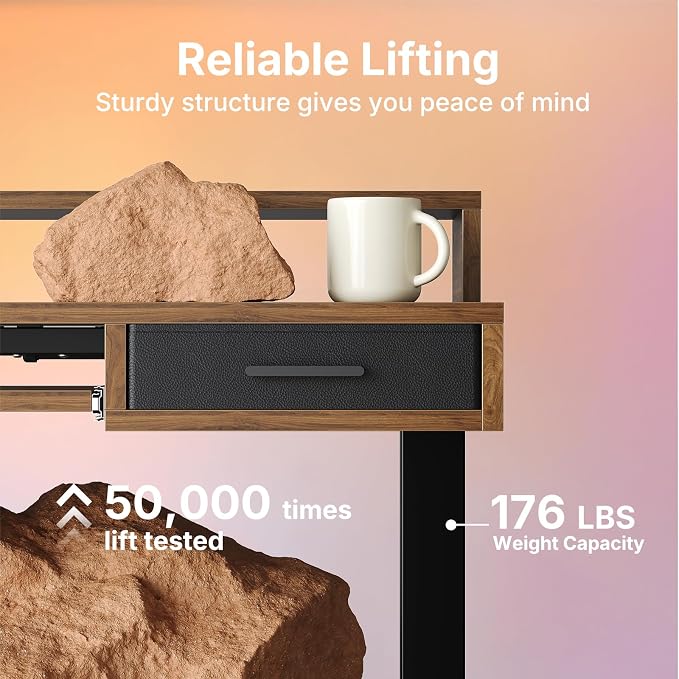 HUANUO 48″ x 26″ Electric Standing Desk with 2 Drawers &24.4″ Large Keyboard Tray, C-Clamp Mount Compatible, Adjustable Computer Desk for Office, Sit Stand Up Desk with 4 Height Presets, Deep Walnut
