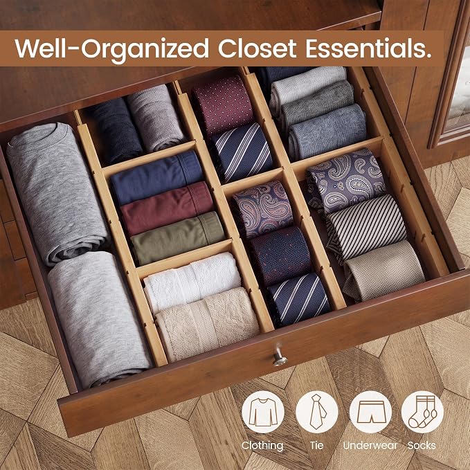 Bamboo Drawer Dividers 6 Pack with Inserts, Kitchen Adjustable Drawer Organizers for Home, Bedroom, Dresser, Expandable Organization 6 Dividers with 12 Inserts
