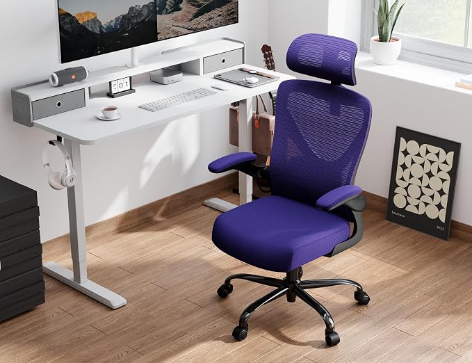 Ergonomic Office Chair: Mesh Desk Chair Comfy with Headrest& Lumbar Support | Ergalithic Big and Tall Office Chairs with Wheels & Flip-Up Arms-Computer Gaming Chairs for Adults Home Office(Purple)