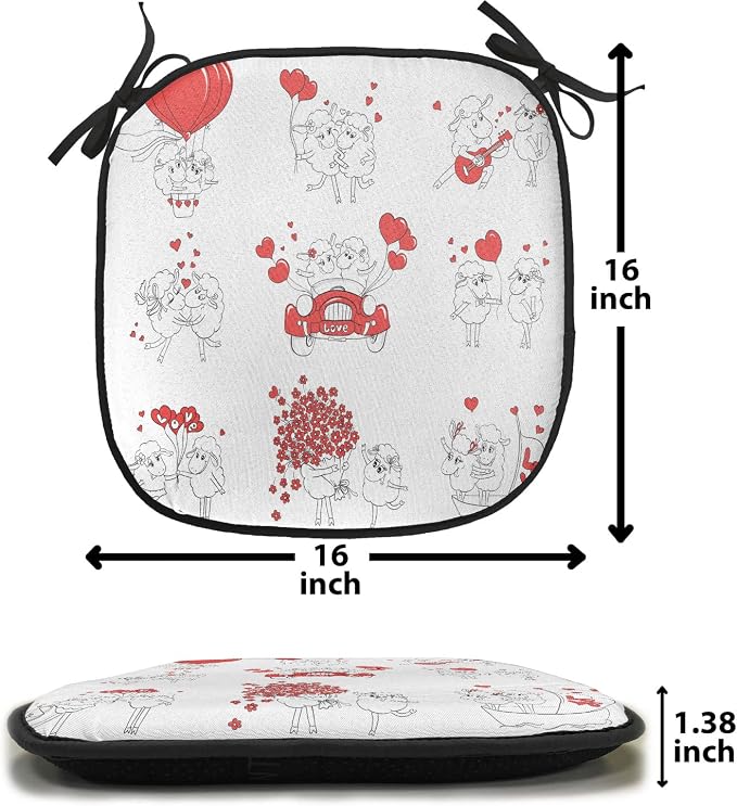 Lunarable Love Chair Cushion Pads Set of 8, Couple in Love Funny Pictures Happy Sheep Wedding Theme Doodle Style Illustration, Anti-Slip Seat Padding for Kitchen & Patio, 16"x16", Red Black White