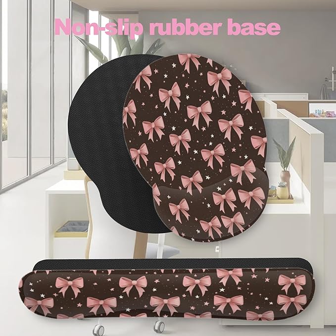 Cute Pink Bows Keyboard Wrist Rest Pad Mouse Pad Set,Ergonomic Mousepad Wrist Support Memory Foam Desk Pad for Gaming Office,Non-Slip Rubber Base Easy Typing for Home Office Computers