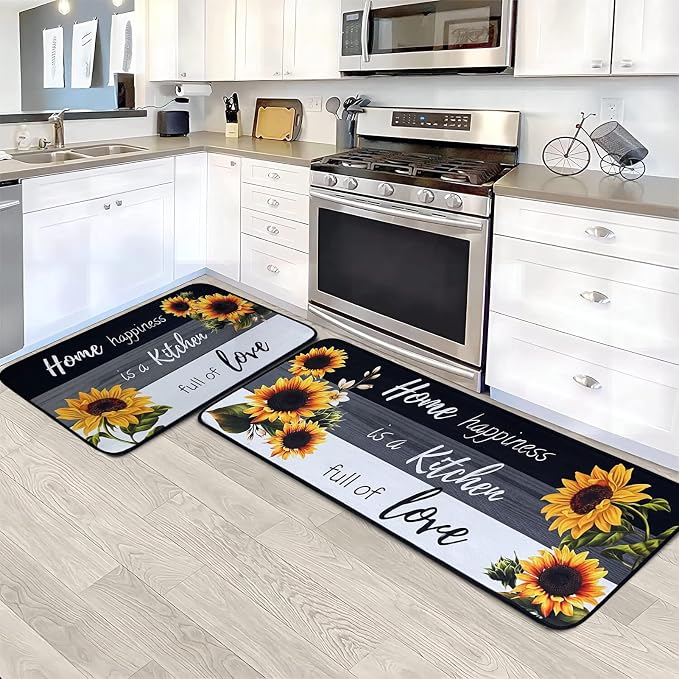 Voanos Sunflower Kitchen Rugs,Non Skid Washable Microfiber mats for Kitchen Floor, Black White Kitchen Cushioned Runner Rug Decor Sets of 2,Size 17"x 47"+17"x 30"