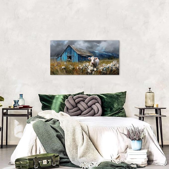 Farmhouse Barn Wall Art Cow Pictures Wall Decor Rustic Blue Barn Landscape Kitchen Wall Decor Country Wildflower Meadow Field Canvas Prints Artwork for Living Room Dining Room Home Decoration 20x40"