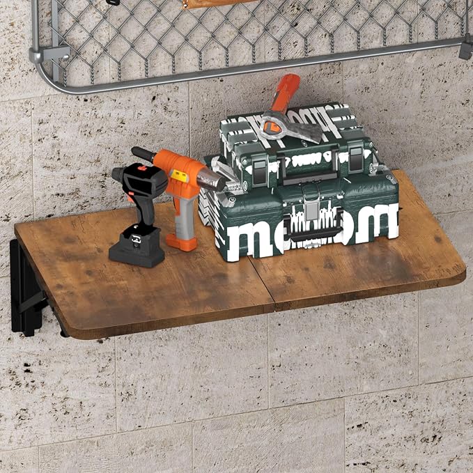TEAMIX Wall Mounted Folding Table, Rustic Brown Floating Desk for Small Spaces Laundry Shelf with Heavy Duty Brackets Floating Desk for Garage, Utility Room, Kitchen, Laundry Room