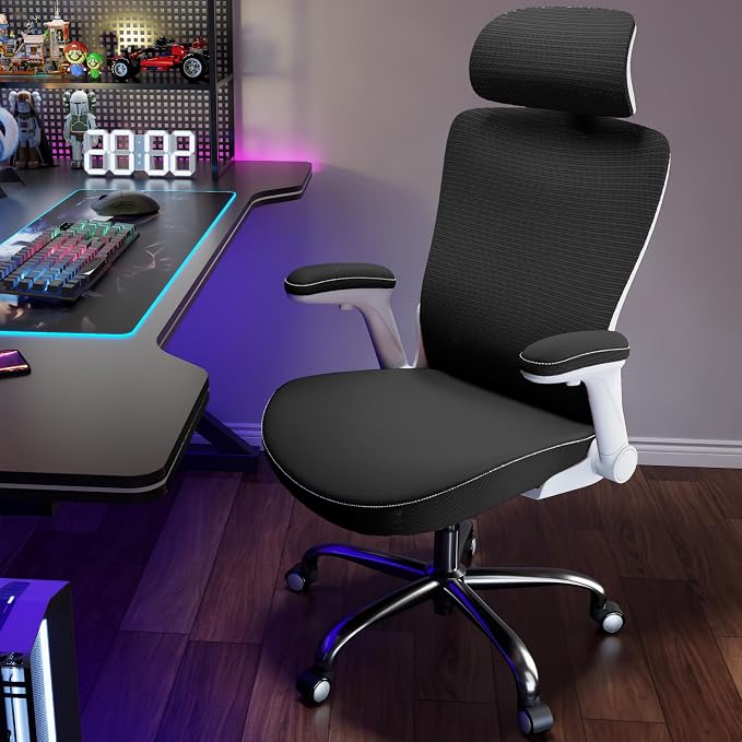Ergalithic Office Home Ergonomic Desk Chair-Computer X-Shaped Chair Mesh PU Leather with Adjustable Lumbar Support-Executive Chair High Back with Headrest Flip-Up Arms for Long Hours (Light Black)