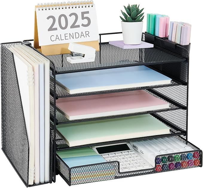 OPNICE Desk Organizer, 5-Tier Paper File Organizer with Drawer & Pen Holder, Office Desk Accessories, Workspace Desktop Organizer for Office Supplies(Black)