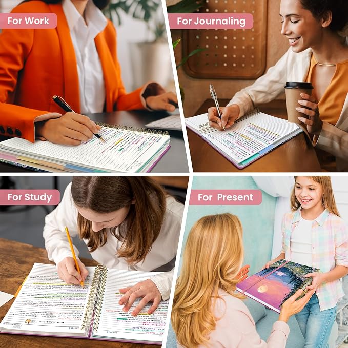 Large Spiral Lined Notebooks for Work with Removable Dividers & Tabs, 8.5"x11" Pretty Hardcover 5 Subject Notebook Journal for Women, College Ruled, for Study & Office, 280 Pages, Lavender Horizon