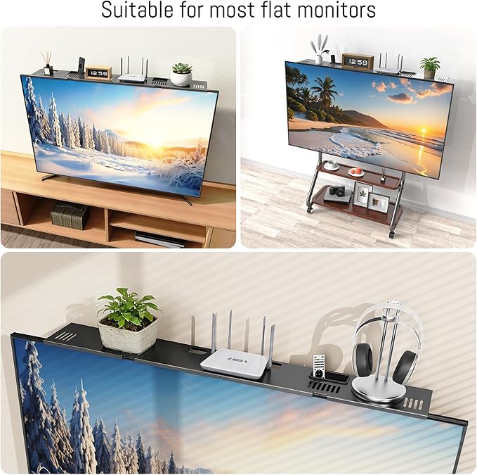 Adjustable Steel TV Top Shelf, Floating TV Stand, Universal Monitor Shelf for Soundbar, Game Console, Cable Box, Router Shelves (33.86"x4.7" with Boxes)
