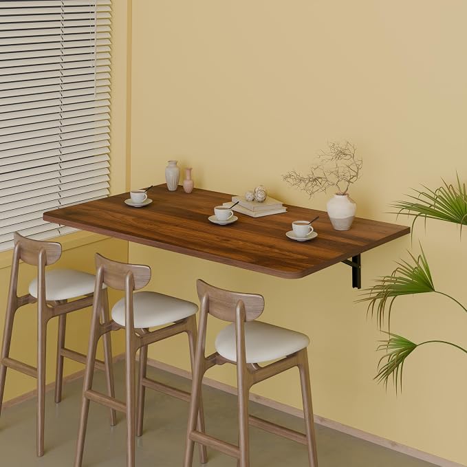 Floating Foldable Desk,Wall Mounted - Folding Computer Table with Engineered Wood,Study Table with Shelf Brackets,Fold Down Shelf,Fold Computer Desk for Small Apartment,Holds 500 lb,36" x 22",Walnut