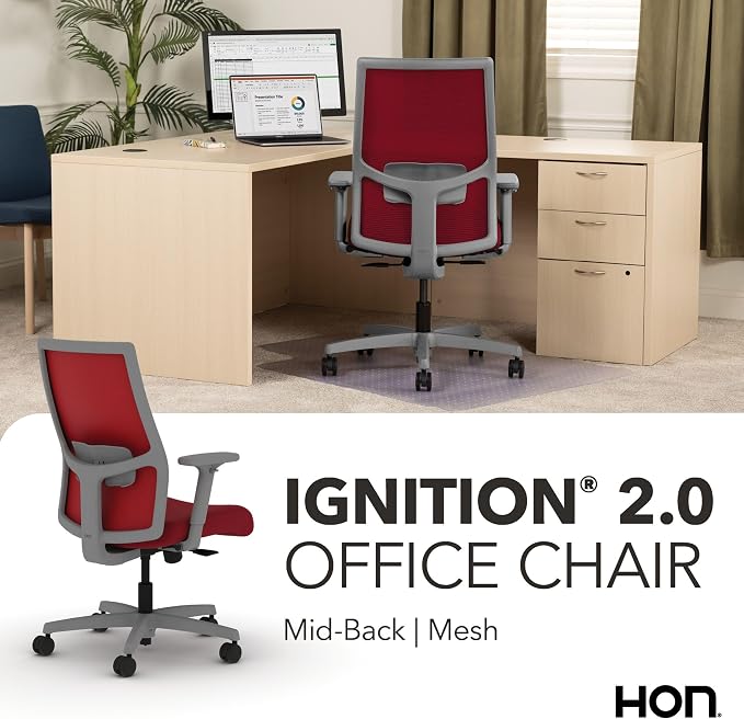 HON Ignition 2.0 Mid‑Back Ergonomic Office Chair, Mesh Task Desk Chair with Lumbar Support, Standard Synchro‑Tilt, Height and Width Adjustable Arms, Titanium Frame, Bullseye