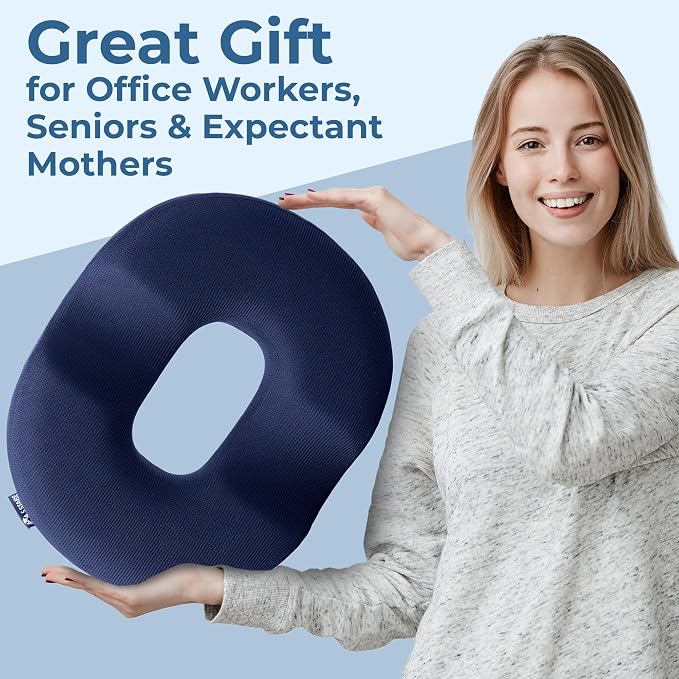 5 STARS UNITED Donut Pillow for Tailbone Pain & Hemorrhoids โ Large Memory Foam Seat Cushion for Bed Sore-Prone Areas & Pressure Relief โ Prostate, Postpartum & Pregnancy Support, Blue Mesh Cover