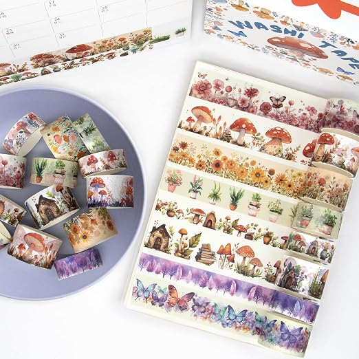 KOVANO Washi Tape Set 13 Rolls - Mushroom Butterfly Floral Decorative Tape for Scrapbooking Supplies, Junk Journal, DIY Crafts, Arts