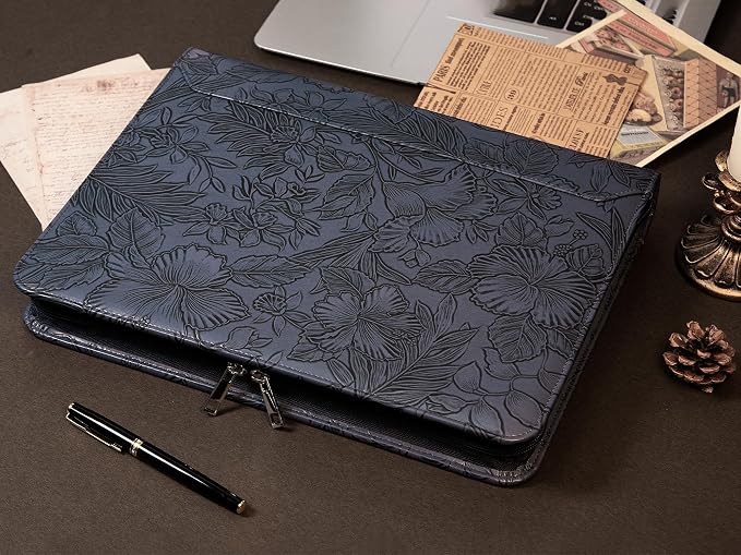 AZXCG Embossed Padfolio for Women,Zippered Padfolio with 3 Ring Binder,Business Portfolio Organizer for Women with A4 Writing Pad Holder, Professional Leather Portfolio Binder for Meeting