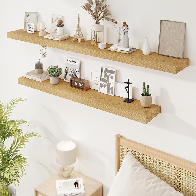 Marsmiles 55in Floating Shelves for Wall, 72" W x 9.25" D x 1.5" H, Long Wall Mounted Engineered Wood Shelves with Invisible Brackets for Living Room, Bedroom, Bathroom, Kitchen, Oak, 2Pcs