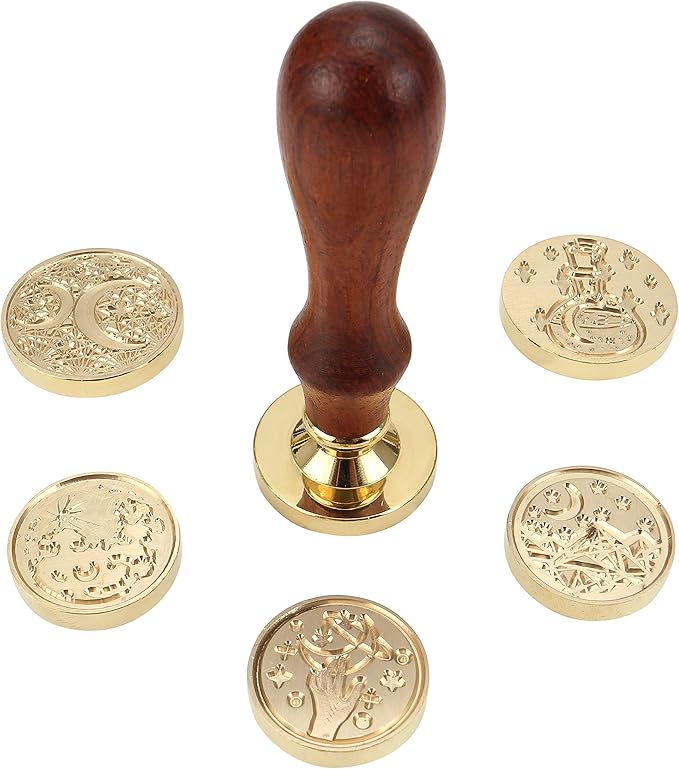 Yoption 6 Pcs Wax Seal Stamp Set, Vintage Moon and Star Sealing Wax Stamps Kit, Wooden Handle with Brass Head for Wedding Christmas Invitation Gift Cards