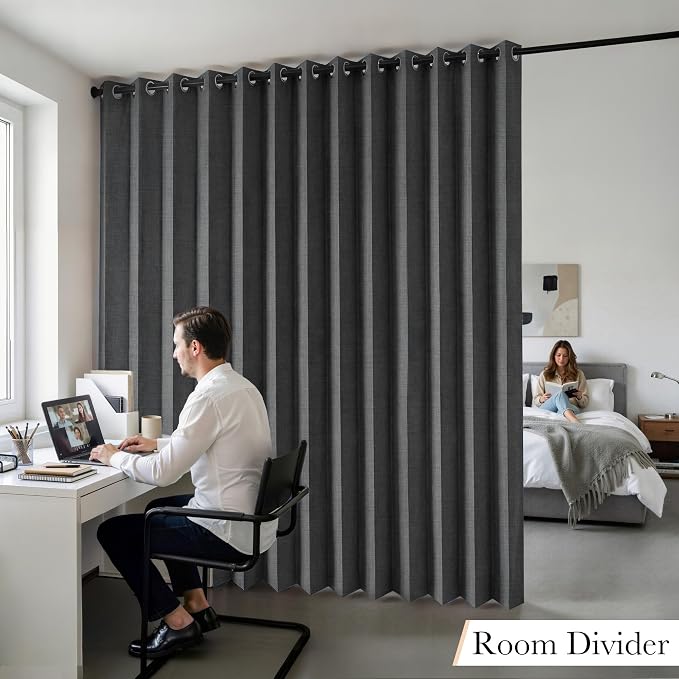RYB HOME Accordion Style Room Divider Curtain-100% Blackout Folding Accordion Curtain for Sliding Glass Door/Bedroom, Privacy Assurd Living Room/Office Drape 1 Panel with Tieback, W100 x L108, Black