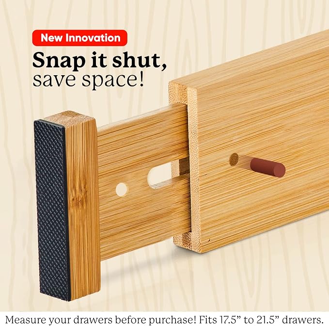 Expandable Bamboo Drawer Dividers – drawer separators for Clothes, Kitchen Utensils, Bathroom, and Dresser Drawers (17.5" to 21.5")
