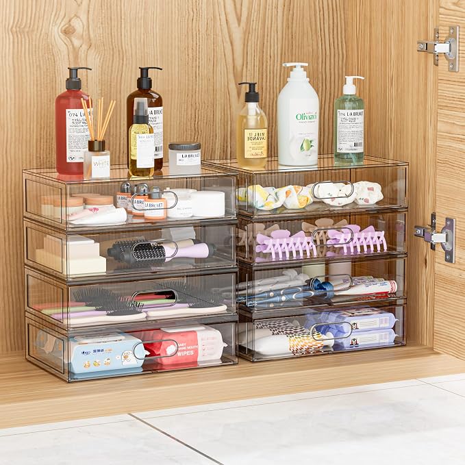 Clear Stackable Makeup Organizer with Drawer, 12''W Acrylic Storage Drawers | Cosmetic Display Case for Vanity Bathroom Countertop Drawers, Beauty Holder for Lipstick Brush Skincare Perfume