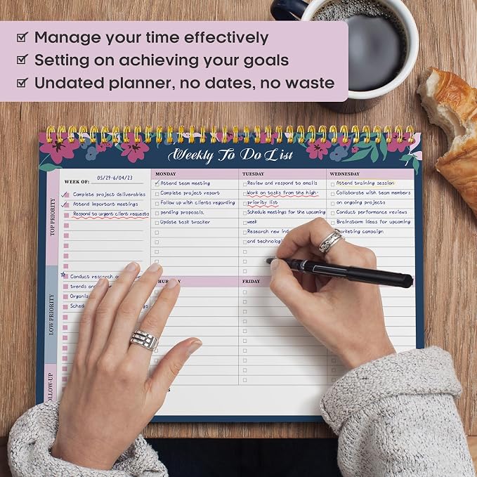 Taja Weekly To Do List Notepad with 52 Undated Sheets(8.5"×11")- Weekly Desk Planner for Women & Man, Work and Home - 1 Pack Twilight Petals