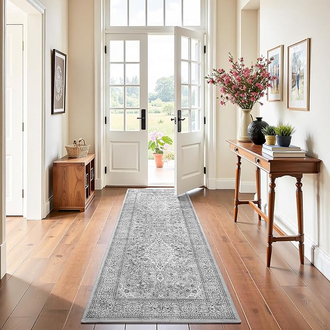 Grey Washable Vintage Runner Rug, 2x6 Boho Bedroom Area Rugs, Soft Non Slip Floral Entryway Carpet Runners, Indoor Low Pile Carpets for Kitchen Hallway Bedside
