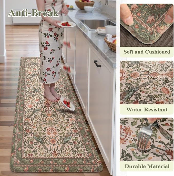 KIMODE Kitchen Mats Anti Fatigue,Cushioned Kitchen Rugs Runner | Olive Green,Boho Floral Bird Kitchen Rugs Non Slip ,Wide Long Memory Foam Kitchen Floor Mat for Laundry Sink Office Home