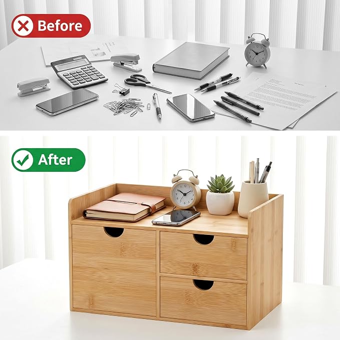 Wisuce Desk Organizer with Drawers - Bamboo Desktop Organizer Storage Natural Wood Desk Drawers Organizer for Bills, Office Supplies, Cosmetics, Seals No Assembly Required 3 Drawers(left-right)