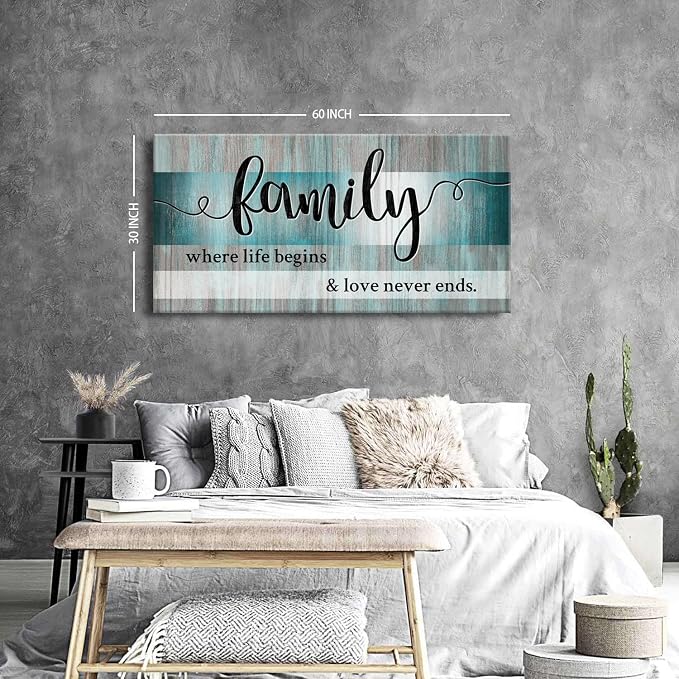 AIYISU Teal Family Wall Art Family Signs for Home Decor Wall Inspirational Quotes Picture Farmhouse Kitchen Dining Room Decor Turquoise Family Canvas Painting Bedroom Living Room Decoration 30x60