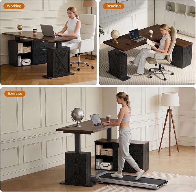 67" L Shaped Standing Desk with Drawers, Electric Height Adjustable Corner Desk, Sit Stand Office Desk with 4 AC Outlets & Type C Port, Executive Computer Desk with Cabinet, Brown & Black