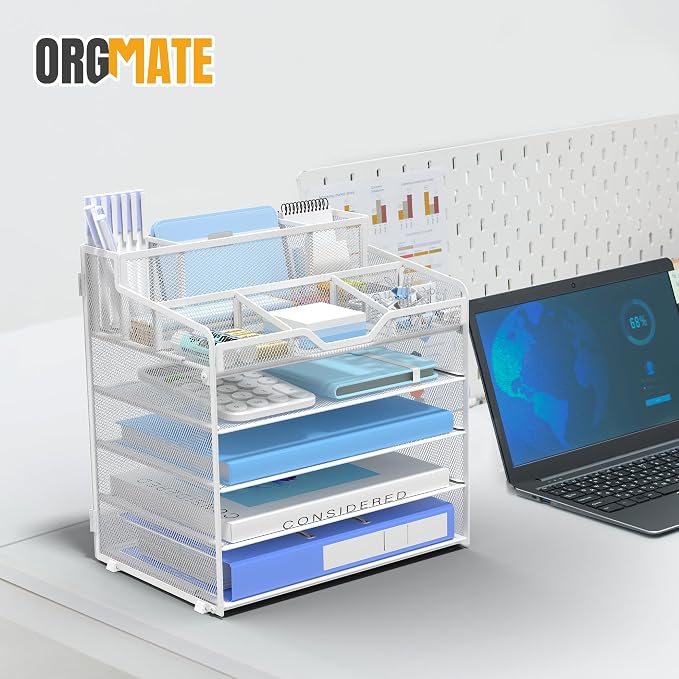 5 Tier Mesh Paper Desk Organizer with Pen Holders, White | Features 3 pen holders, and 5 adjustable compartments for office school home desk storage