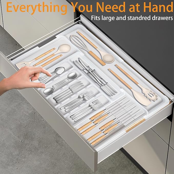 Silverware Organizer for Kitchen Drawer, Expandable Utensil Drawer Organizer with 2 Knife Block, Flatware and Cutlery Holder, Adjustable Plastic Storage for Spoons Forks Knives