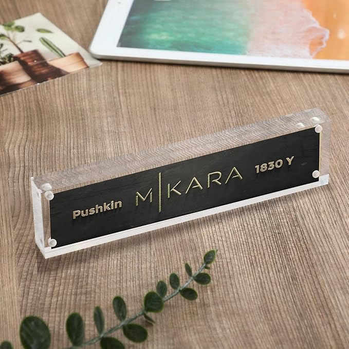 Geetery 4 Pcs Acrylic Office Desk Name Plate Personalized Clear Acrylic Block Double Sided Table Name Plate Holder Business Magnet Frame DIY Desktop Holder Accessories Decor (2" x 8")