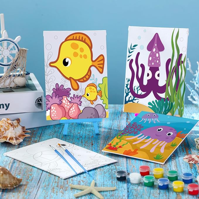 Blosssound 10 Set Pre Printed Canvas Pre Drawn Canvas Painting with Easel Kits 5" x 7" Outline Painting Panels for Beginners, DIY Craft Project, Home Decors(Ocean)