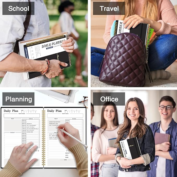 Daily Planner Undated, To-Do List Notebook with Hourly Schedule, Spiral Appointment Organizer Calendar for Man / Women, Flexible Cover, Twin-Wire Binding Elastic Closure, Pocket Pen Loop, 160 Pages